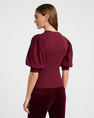 Ribbed Crew Neck Short Puff Sleeve Tee