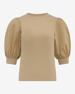 Mixed Media Crew Neck Short Puff Sleeve Tee