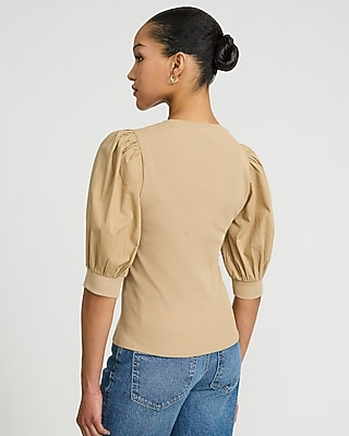 Mixed Media Crew Neck Short Puff Sleeve Tee