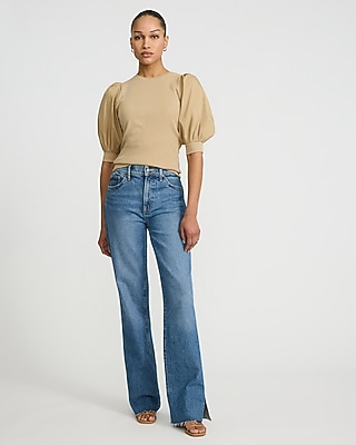 Mixed Media Crew Neck Short Puff Sleeve Tee