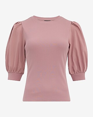 Mixed Media Crew Neck Short Puff Sleeve Tee