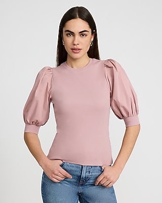 Mixed Media Crew Neck Short Puff Sleeve Tee