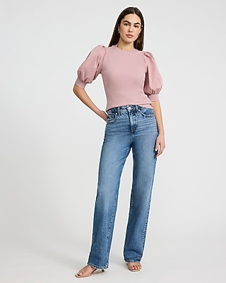 Mixed Media Crew Neck Short Puff Sleeve Tee