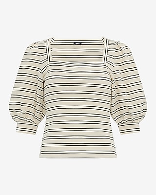 Jacquard Striped Square Neck Puff Sleeve Tee