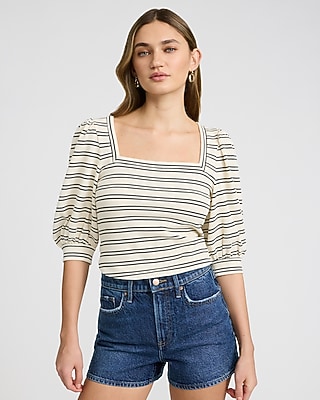Jacquard Striped Square Neck Puff Sleeve Tee