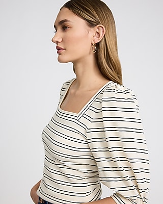 Jacquard Striped Square Neck Puff Sleeve Tee