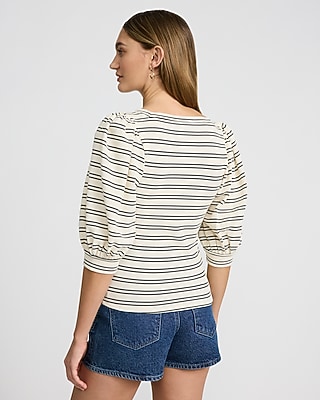 Jacquard Striped Square Neck Puff Sleeve Tee