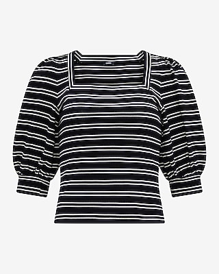Jacquard Striped Square Neck Puff Sleeve Tee