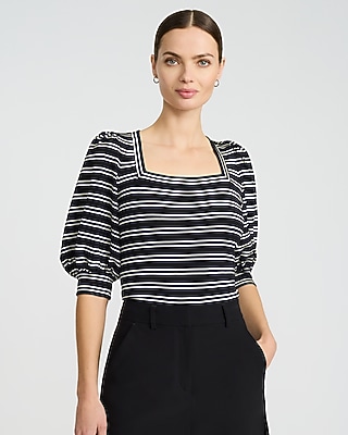Jacquard Striped Square Neck Puff Sleeve Tee