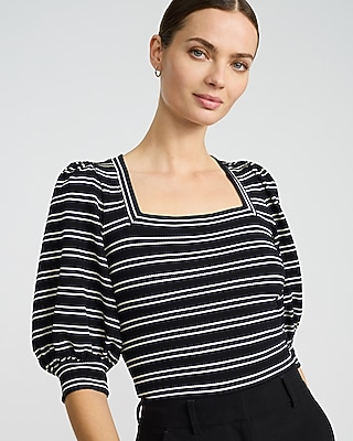 Jacquard Striped Square Neck Puff Sleeve Tee