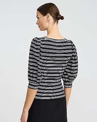 Jacquard Striped Square Neck Puff Sleeve Tee