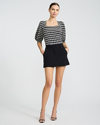 Jacquard Striped Square Neck Puff Sleeve Tee