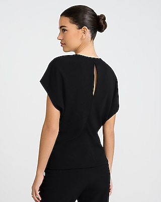 Studio Stretch Crepe Crew Neck Cap Sleeve Draped Tee - image 2