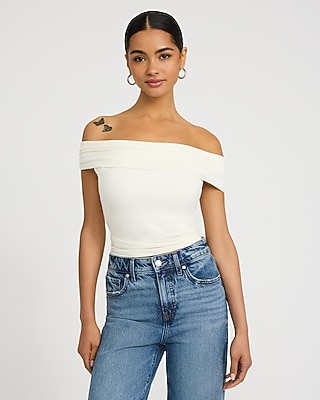 Fitted Ribbed Off The Shoulder Overlay Top | Express