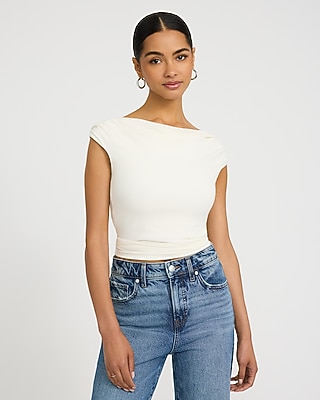 Ribbed Knit Off The Shoulder Twist Tee