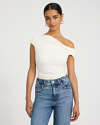 Ribbed Knit Off The Shoulder Twist Tee