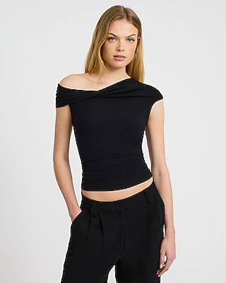 Ribbed Knit Off The Shoulder Twist Tee
