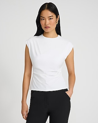 Stretch Cotton Crew Neck Cap Sleeve Draped Tee