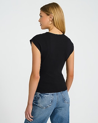 Crew Neck Cap Sleeve Draped Tee in Stretch Cotton - thumbnail 10