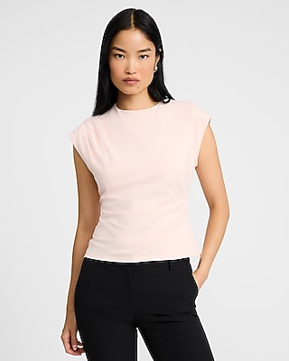 Crew Neck Cap Sleeve Draped Tee in Stretch Cotton - thumbnail 5