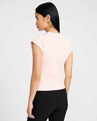 Crew Neck Cap Sleeve Draped Tee in Stretch Cotton - thumbnail 6