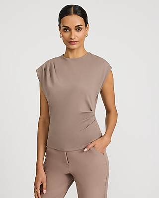Stretch Cotton Crew Neck Cap Sleeve Draped Tee