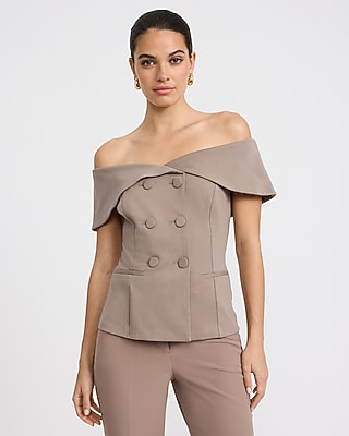 Signature Ponte Off The Shoulder Double Breasted Tailored Top