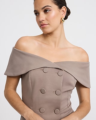 Signature Ponte Off The Shoulder Double Breasted Tailored Top