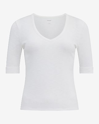 Fitted Ribbed V-Neck Elbow Sleeve Tee