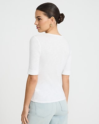 Fitted Ribbed V-Neck Elbow Sleeve Tee