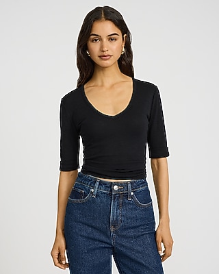 Fitted Ribbed V-Neck Elbow Sleeve Tee