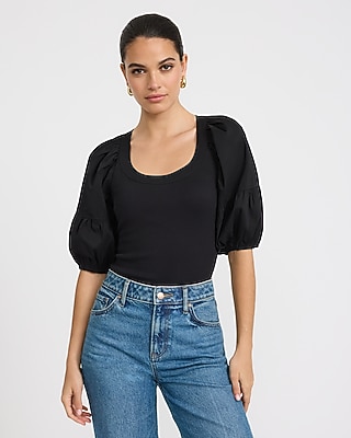 Stretch Cotton Ribbed Scoop Neck Puff Sleeve Bodysuit