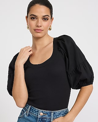 Stretch Cotton Ribbed Scoop Neck Puff Sleeve Bodysuit