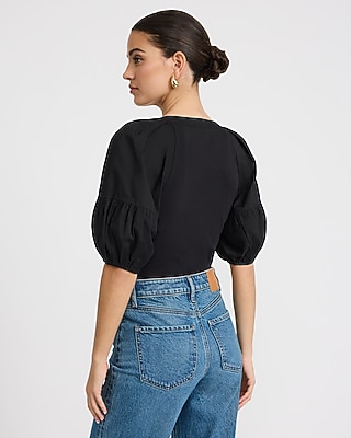 Stretch Cotton Ribbed Scoop Neck Puff Sleeve Bodysuit