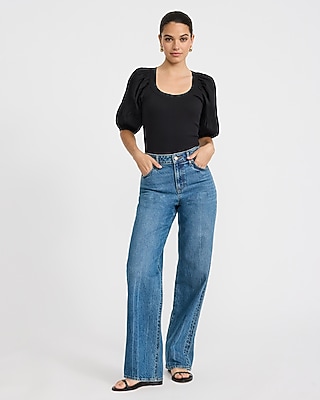 Stretch Cotton Ribbed Scoop Neck Puff Sleeve Bodysuit