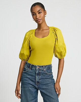 Stretch Cotton V-neck Dolman Puff Sleeve Top | Express