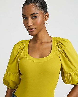 Stretch Cotton Ribbed Scoop Neck Puff Sleeve Bodysuit