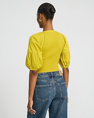 Stretch Cotton Ribbed Scoop Neck Puff Sleeve Bodysuit