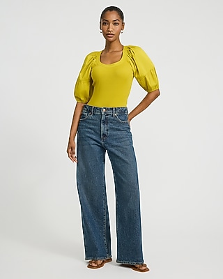 Stretch Cotton Ribbed Scoop Neck Puff Sleeve Bodysuit
