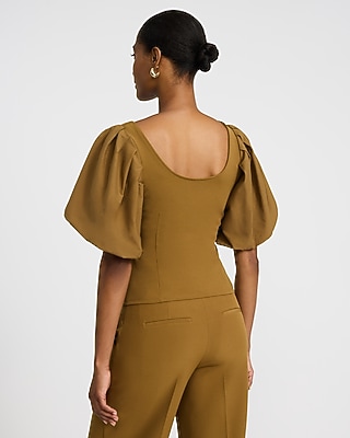 Studio Stretch Crepe Scoop Neck Puff Sleeve Top