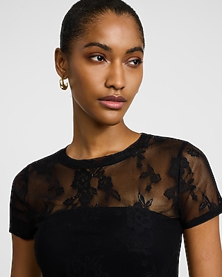 Sheer Lace Crew Neck Short Sleeve Tee