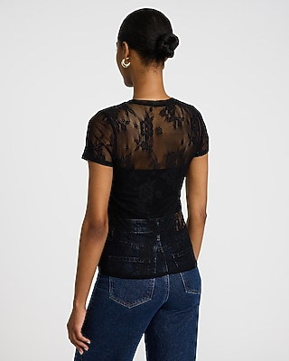 Sheer Lace Crew Neck Short Sleeve Tee