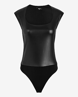 Body Contour Faux Leather Scoop Neck Cap Sleeve Bodysuit