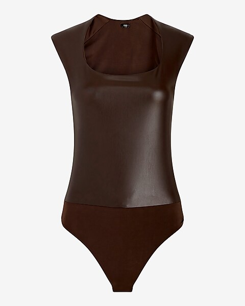 Brown Seamless Ribbed Squareneck Short Sleeve Bodysuit