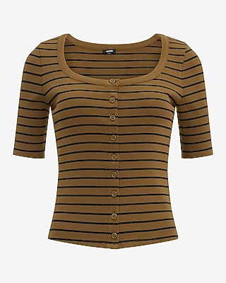 Ribbed Striped Scoop Neck Elbow Sleeve Button Front Tee