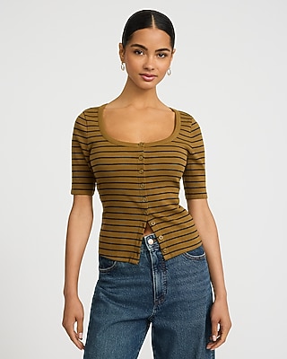 Ribbed Striped Scoop Neck Elbow Sleeve Button Front Tee