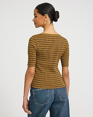 Ribbed Striped Scoop Neck Elbow Sleeve Button Front Tee