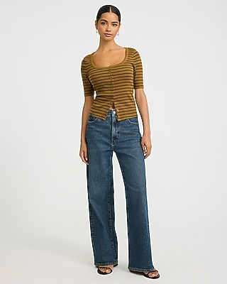 Ribbed Striped Scoop Neck Elbow Sleeve Button Front Tee