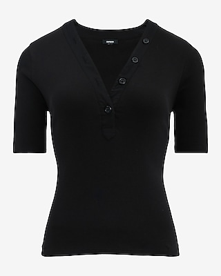 Fitted Ribbed V-Neck Elbow Sleeve Henley Tee - image 4