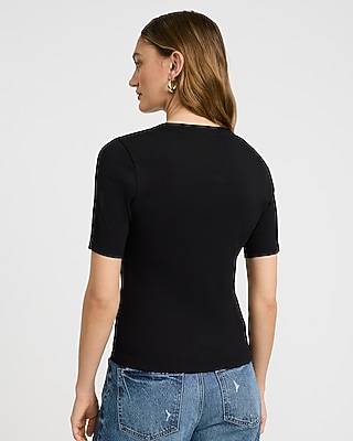 Fitted Ribbed V-Neck Elbow Sleeve Henley Tee - image 2